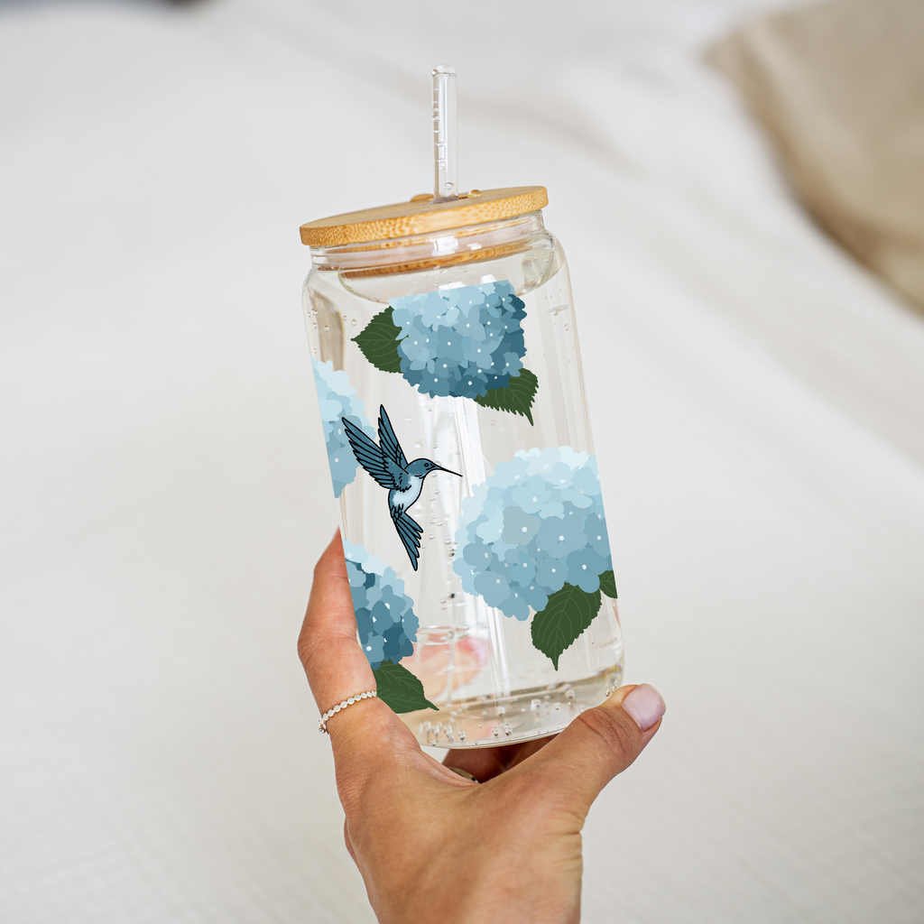 Hydrangeas and Hummingbirds Glass Cup
