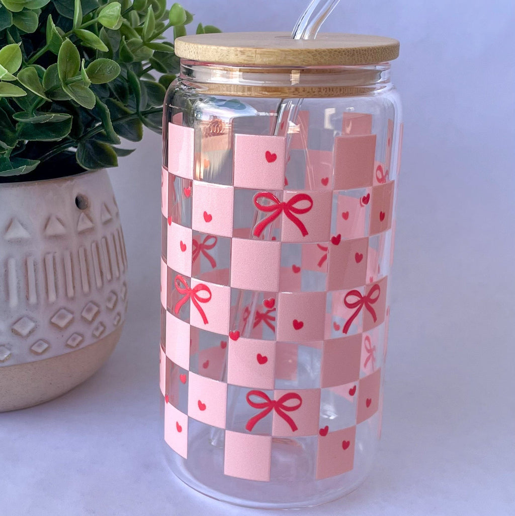 Checkered Bows Glass Cup