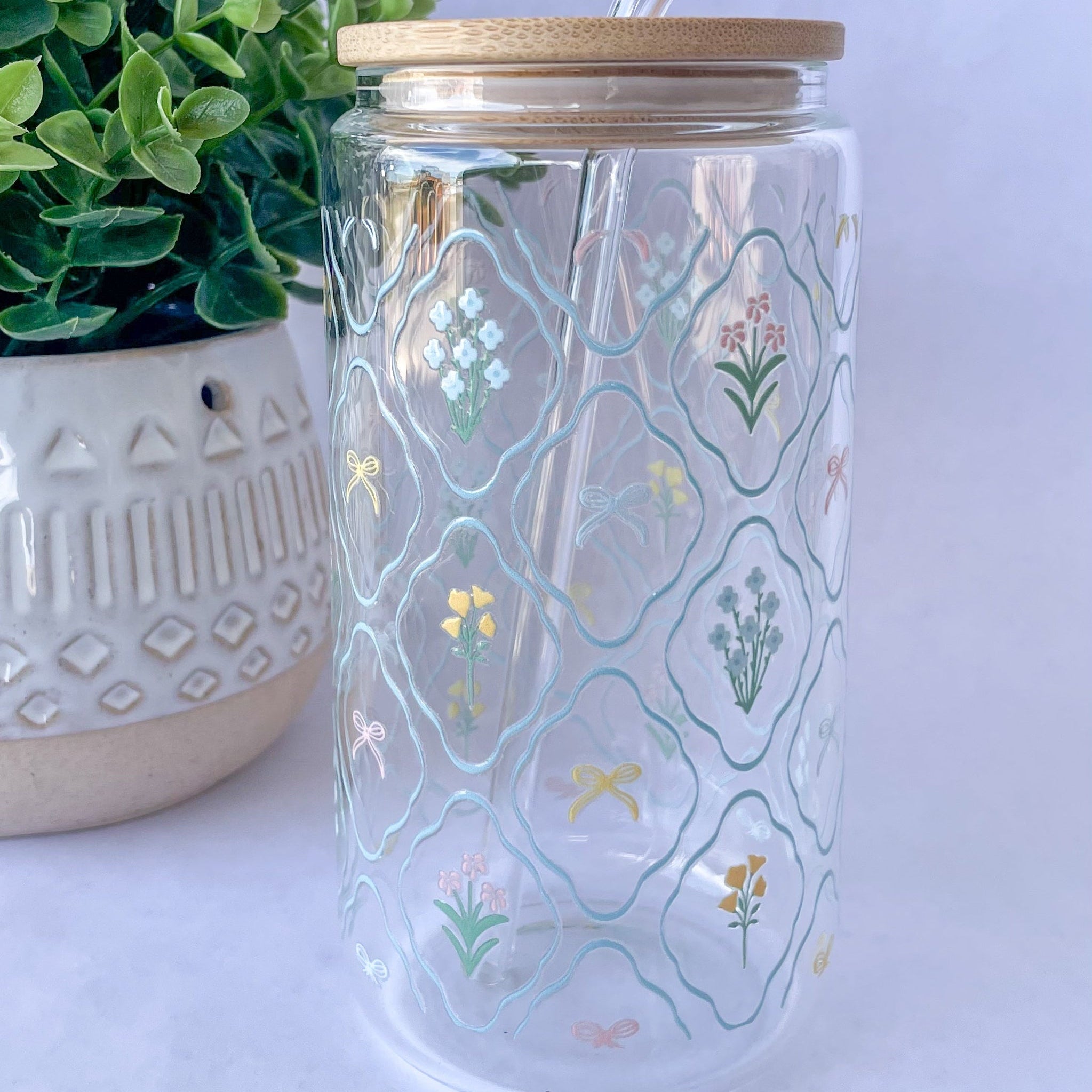 Floral + Bows Glass Cup
