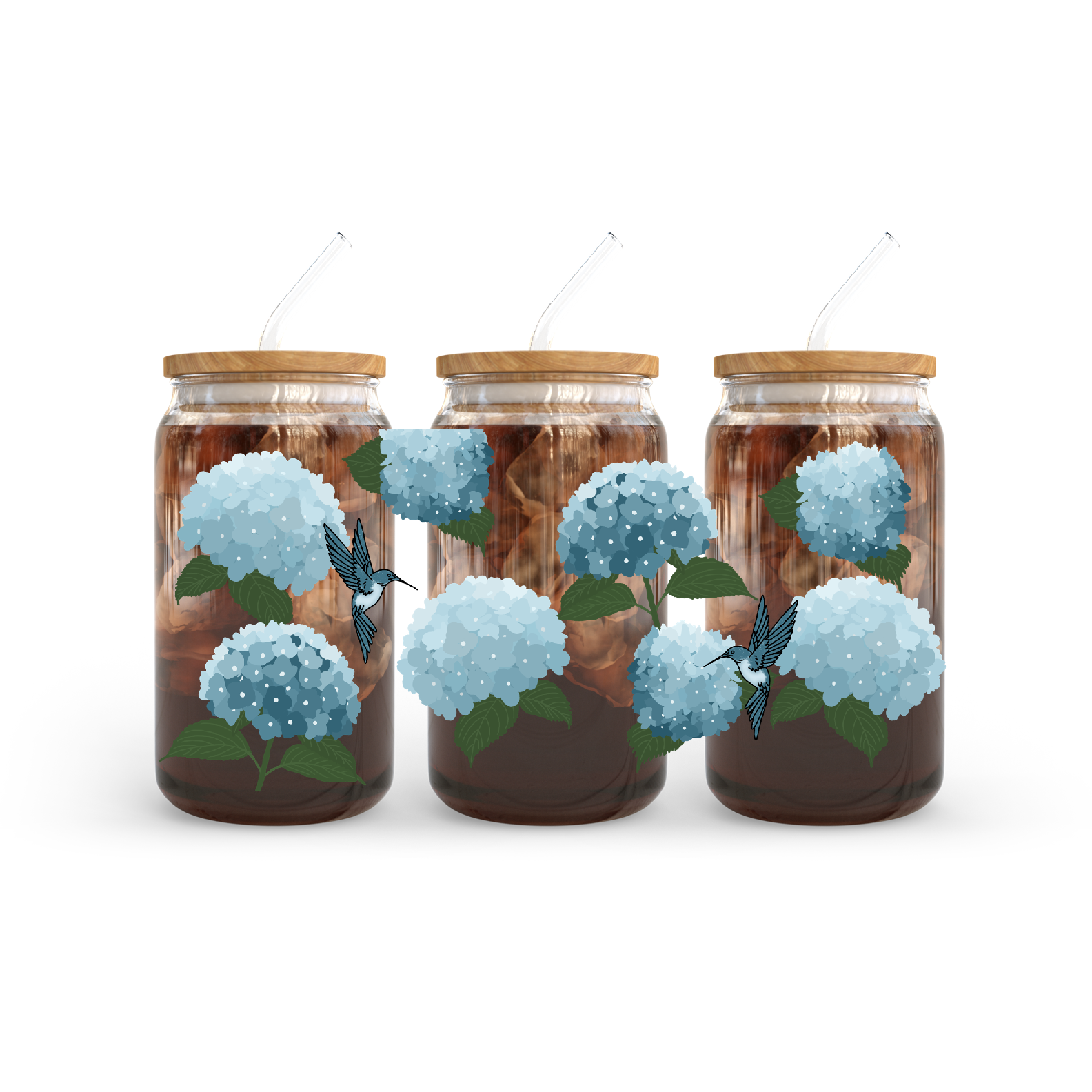 Hydrangeas and Hummingbirds Glass Cup