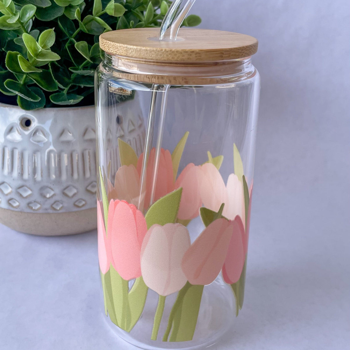 Pink Tulips Glass Cup