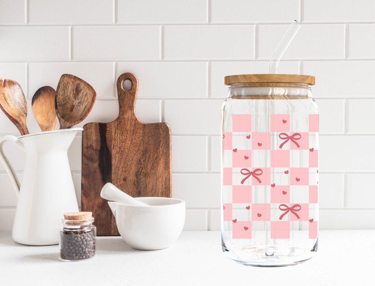 Checkered Bows Glass Cup