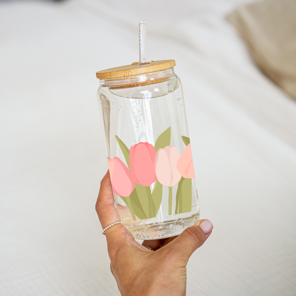 Pink Tulips Glass Cup