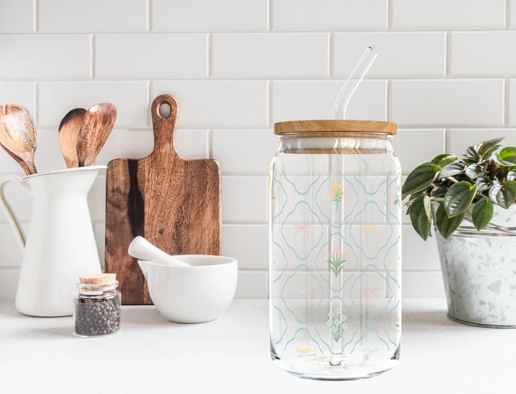 Floral + Bows Glass Cup