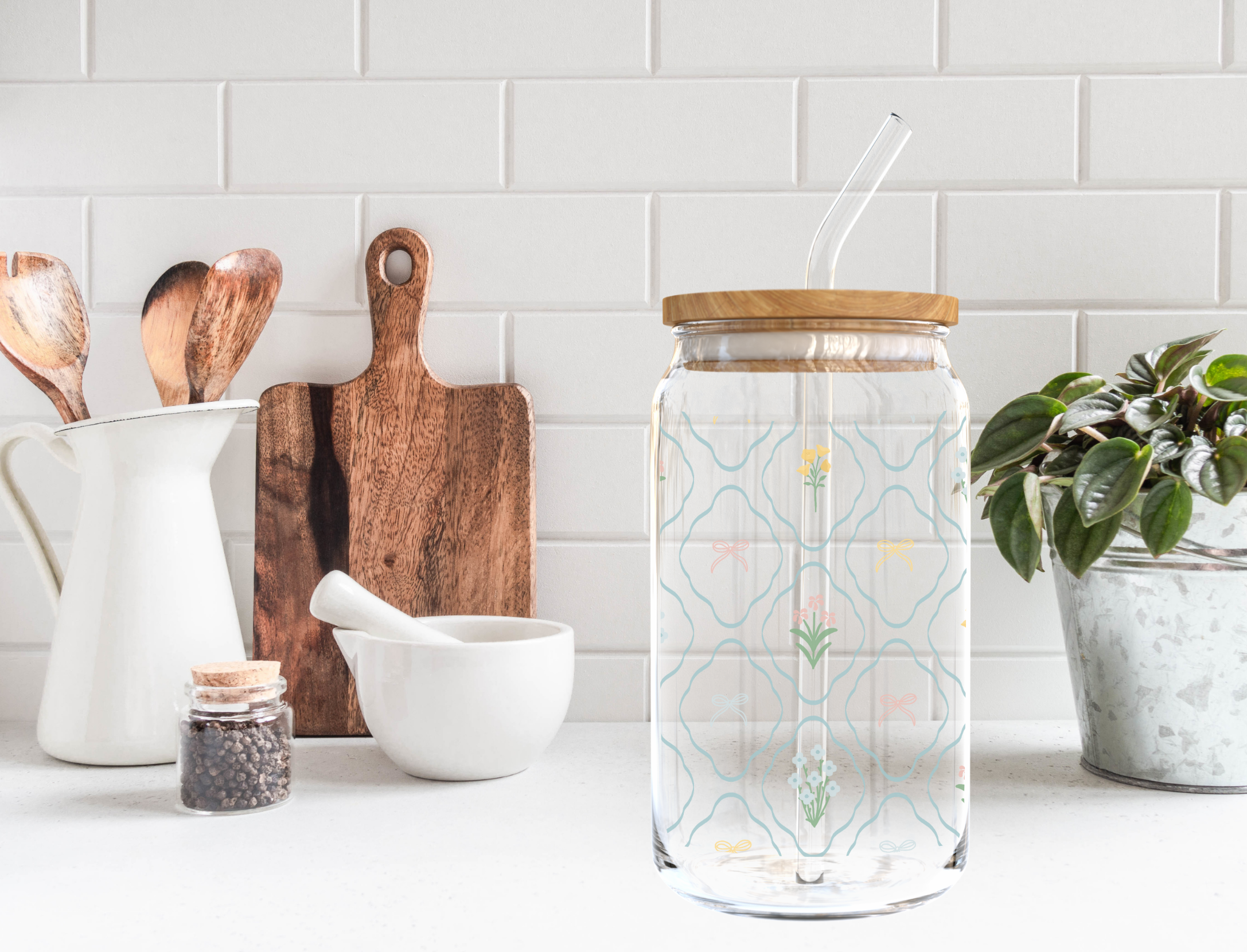 Floral + Bows Glass Cup